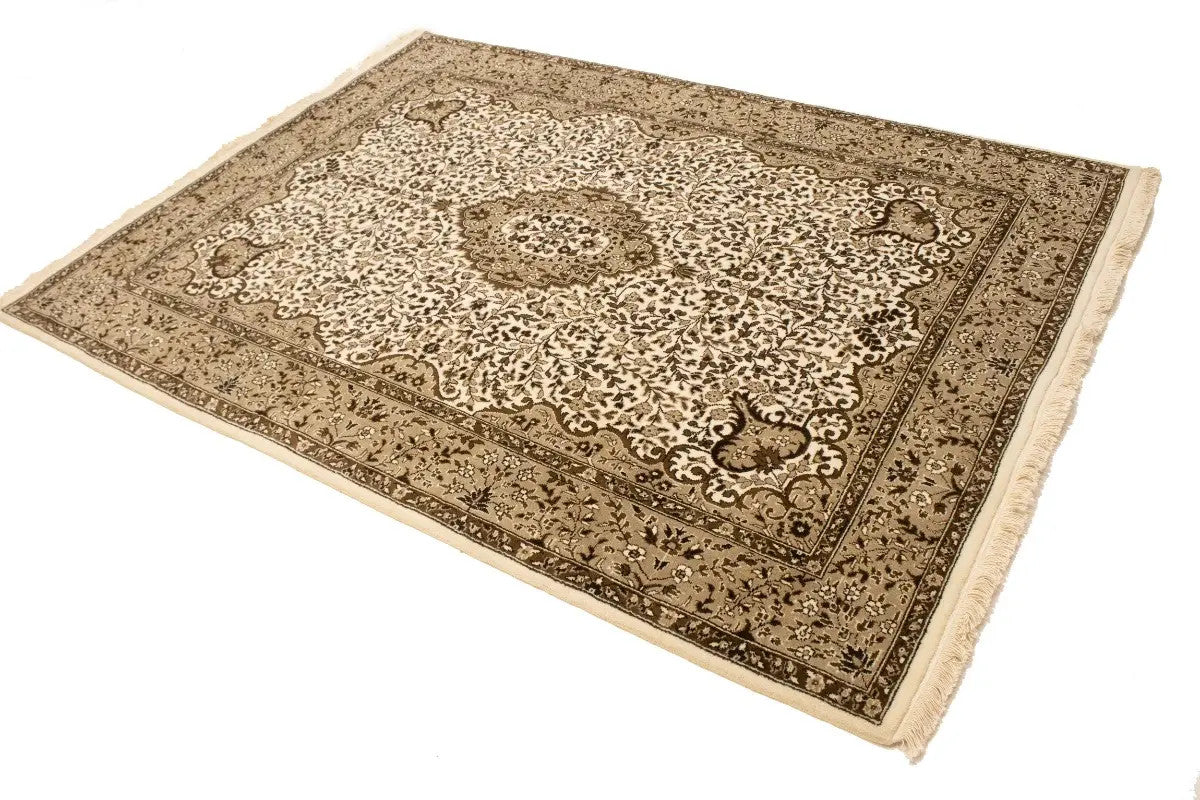 6X8 Hand-Knotted Extra Fine Kirman Oriental Rug Cream Floral Studio Carpet