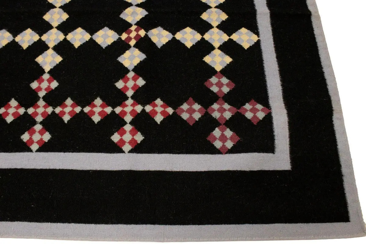 Black floral dhurrie wool rug flat weave reversible oriental carpet
