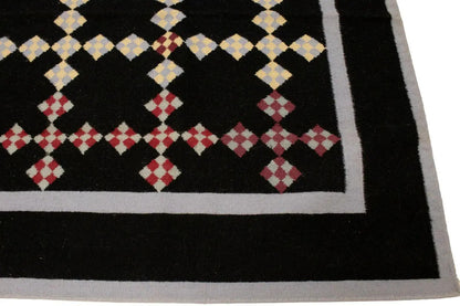 Black floral dhurrie wool rug flat weave reversible oriental carpet