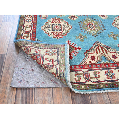 4'X6' Blue Kazak With Geometric Medallion Design Hand Knotted Soft Wool Rug