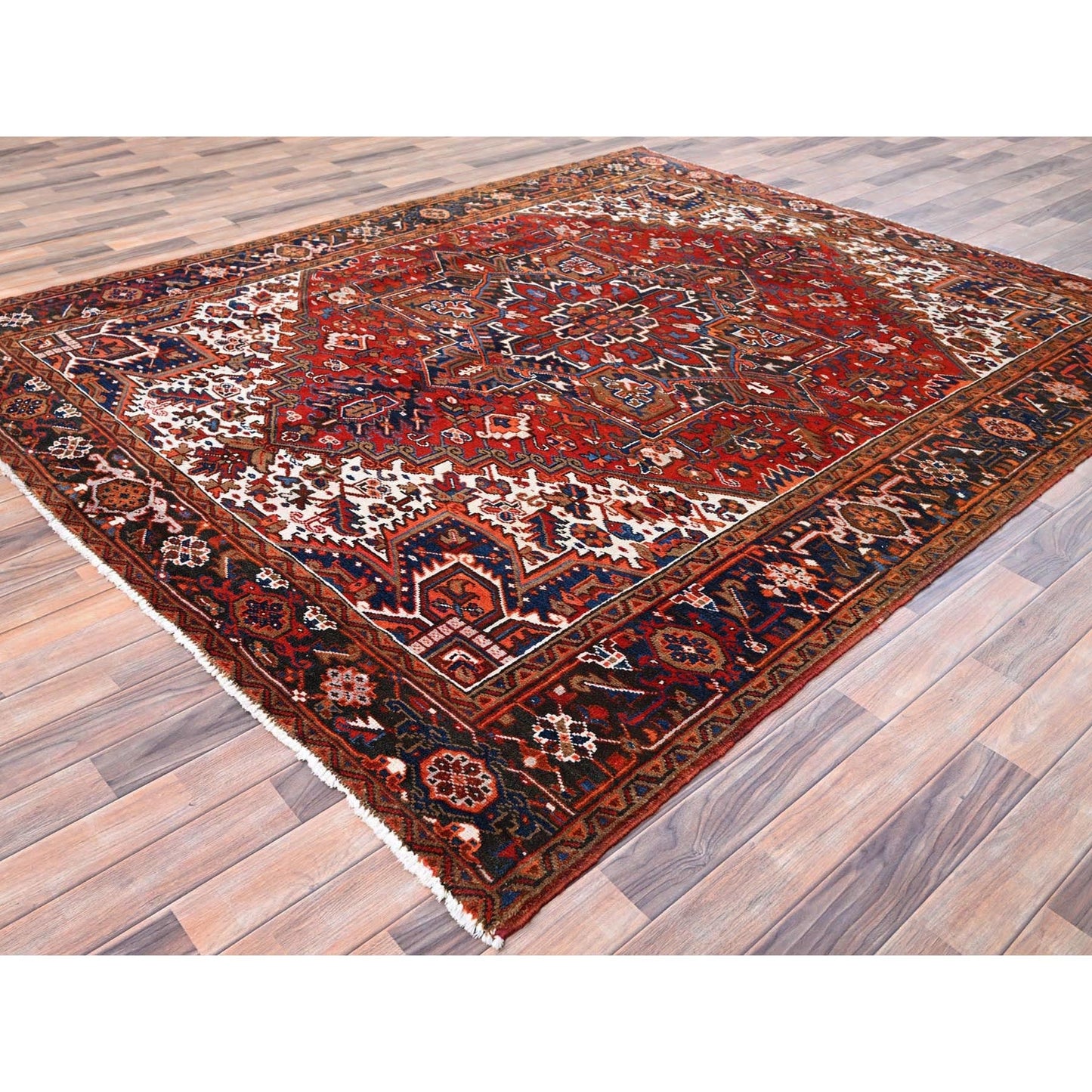 7'5"X8'10" Red Worn Wool Hand Knotted Vintage Zoroastrian Heris Rug