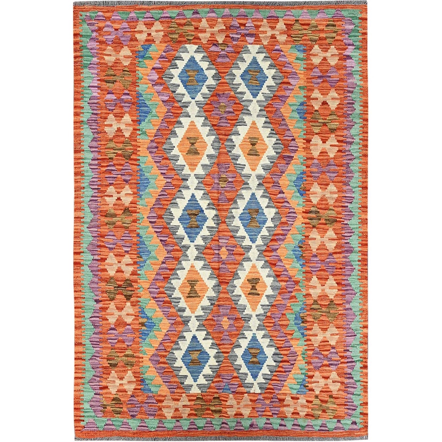 4'X6'3" Vivid Orange Hand Woven Flat Weave Afghan Kilim Pure Wool Rug