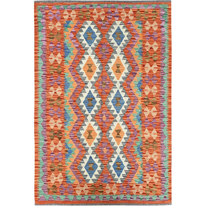 4'X6'3" Vivid Orange Hand Woven Flat Weave Afghan Kilim Pure Wool Rug