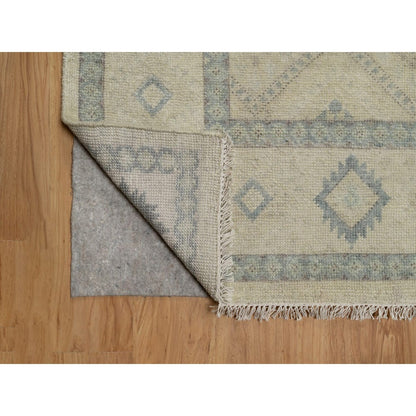 9'X12' Ivory Zero Pile Box Design Tribal With Motifhand Knotted Wool Rug