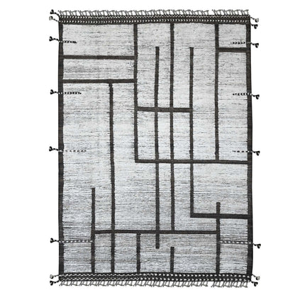 6'6"X9' White Moroccan Weave Geometric Pattern Soft Wool Hand Knotted Rug