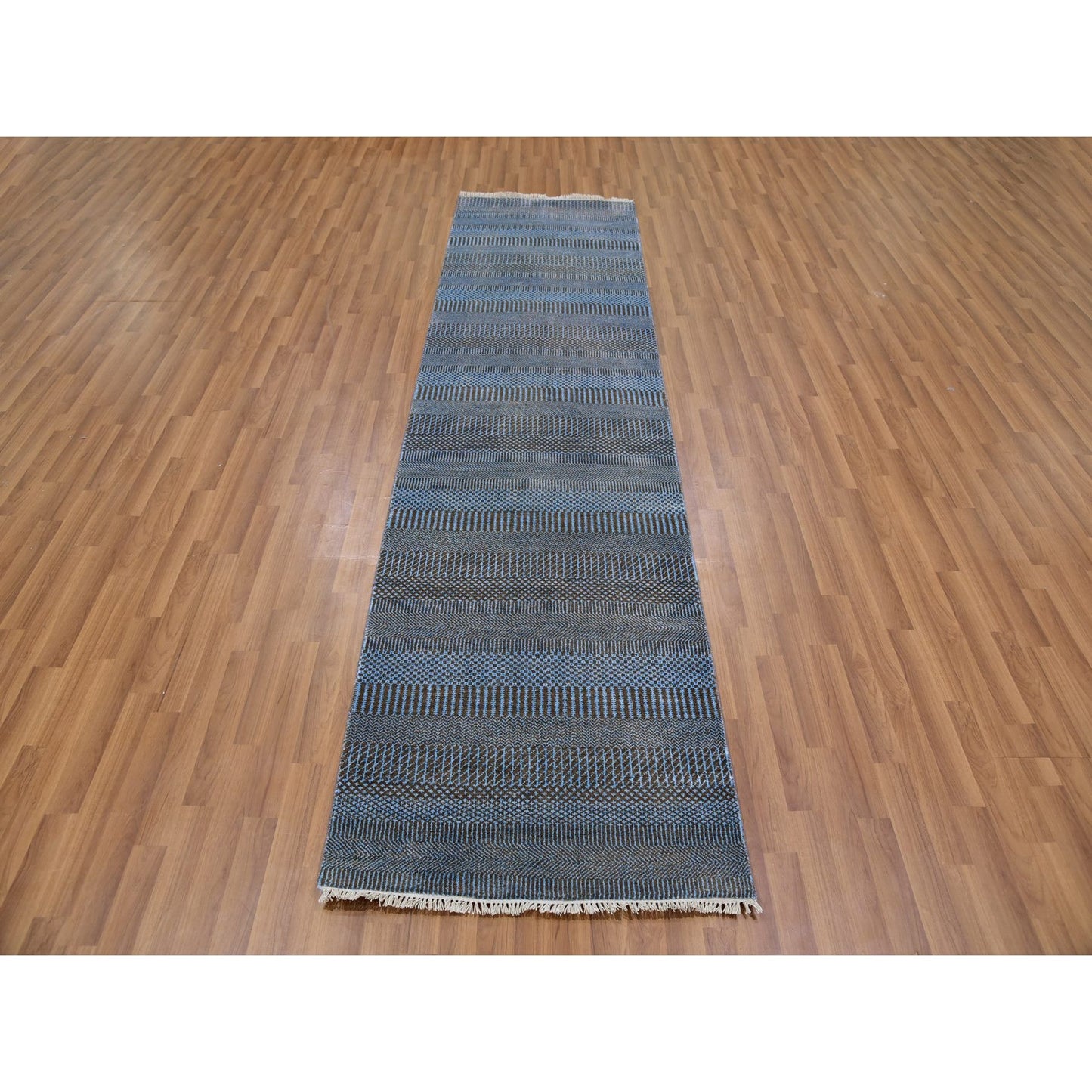 2'7"X9'6" Blue Hand Knotted Grass Design Dyed Wool And Silk Runner Rug