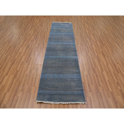 2'7"X9'6" Blue Hand Knotted Grass Design Dyed Wool And Silk Runner Rug