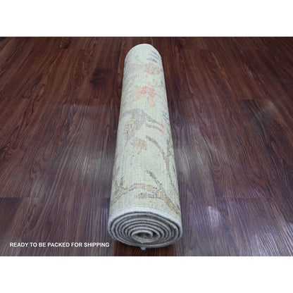 2'4"X7'9" Green Hand Knotted Afghan Peshawar Birds Design Wool Runner Rug