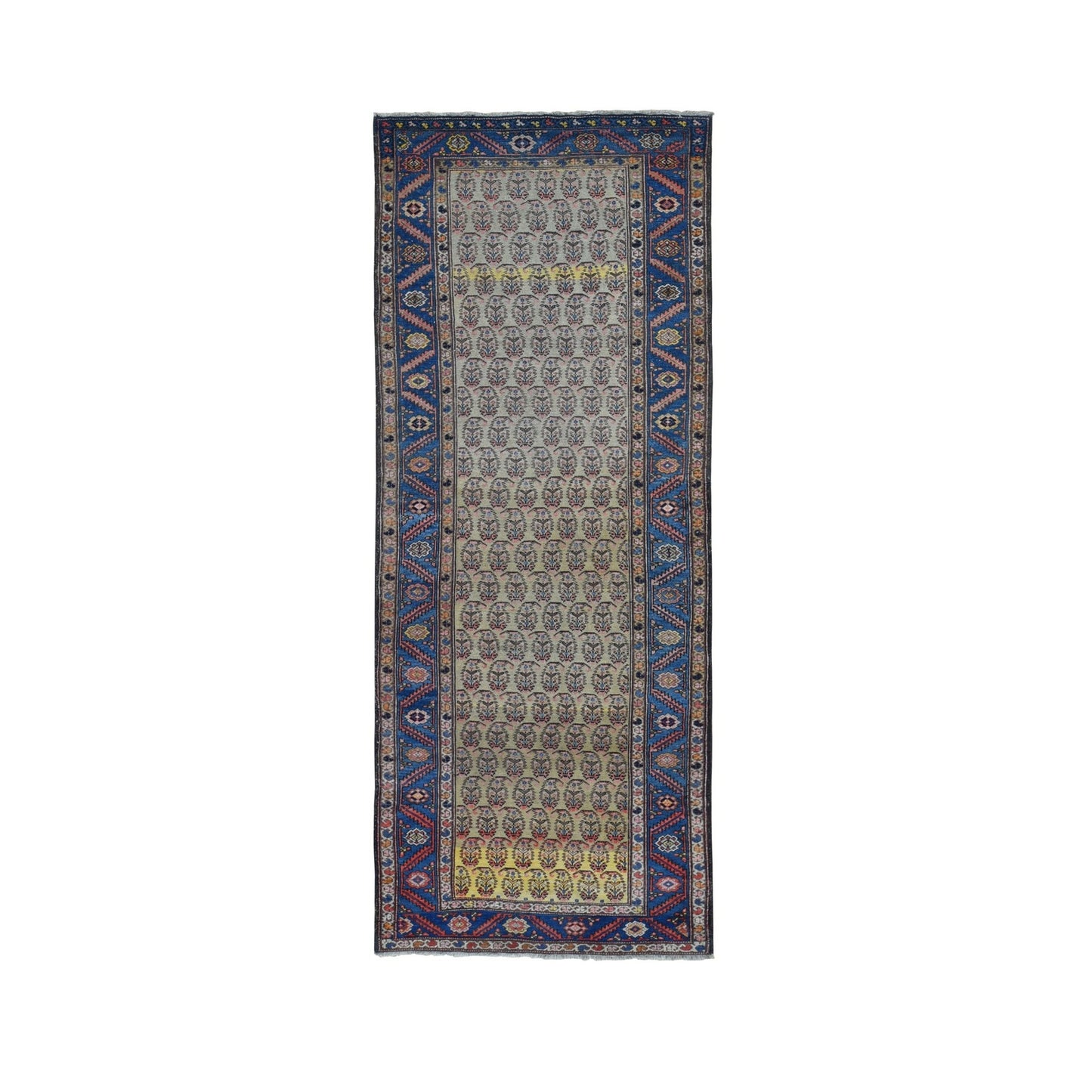 4'X10'3" Yellow Antique Farsian Bookshaish Wool Hand Knotted Runner Rug
