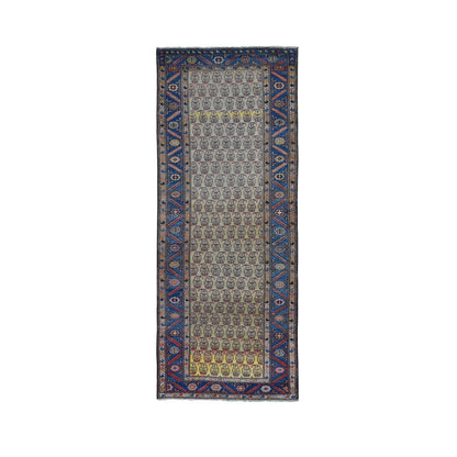 4'X10'3" Yellow Antique Farsian Bookshaish Wool Hand Knotted Runner Rug