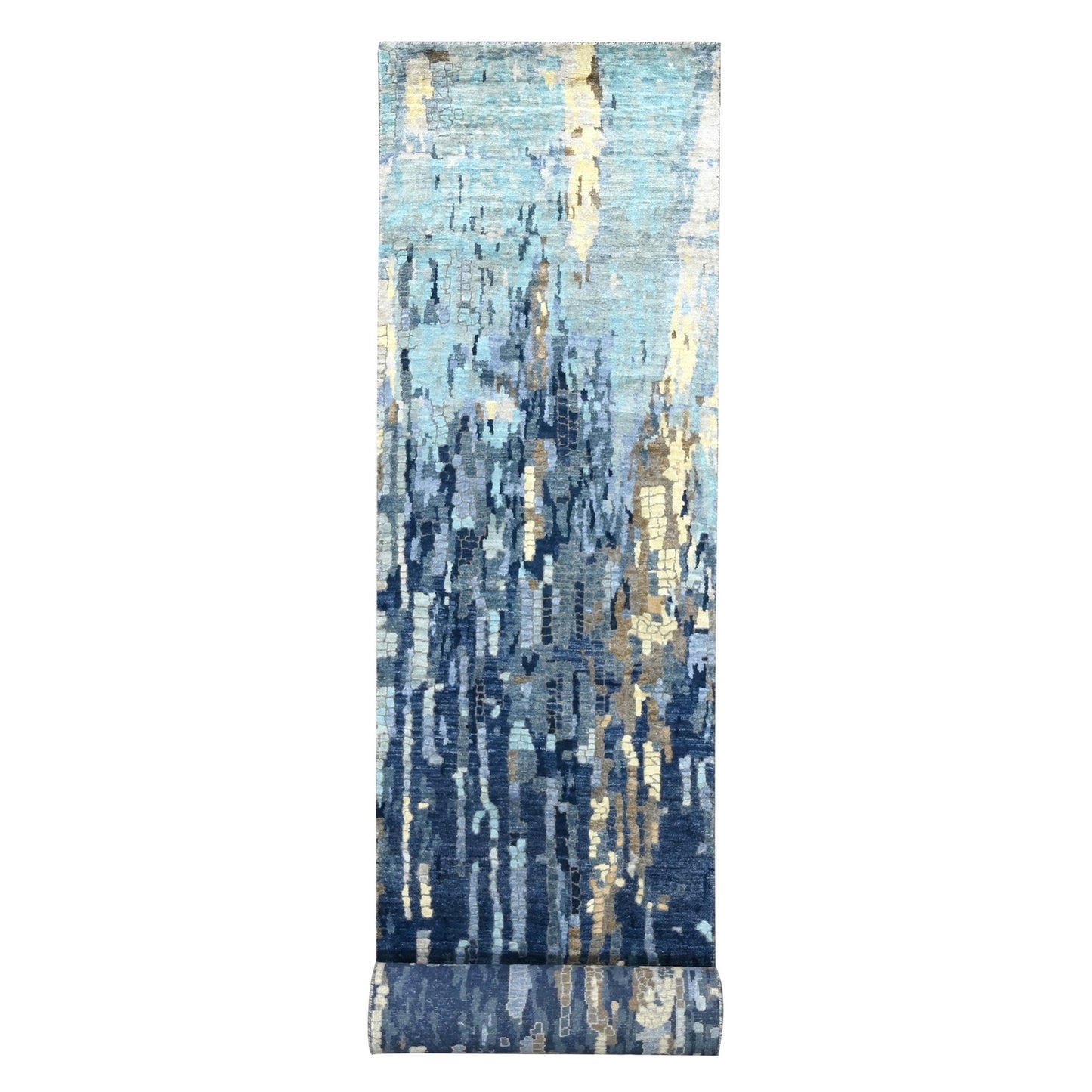 2'7"X15'9" Blue Wool And Silk Modern Mosaic Hand Knotted Xl Runner Rug