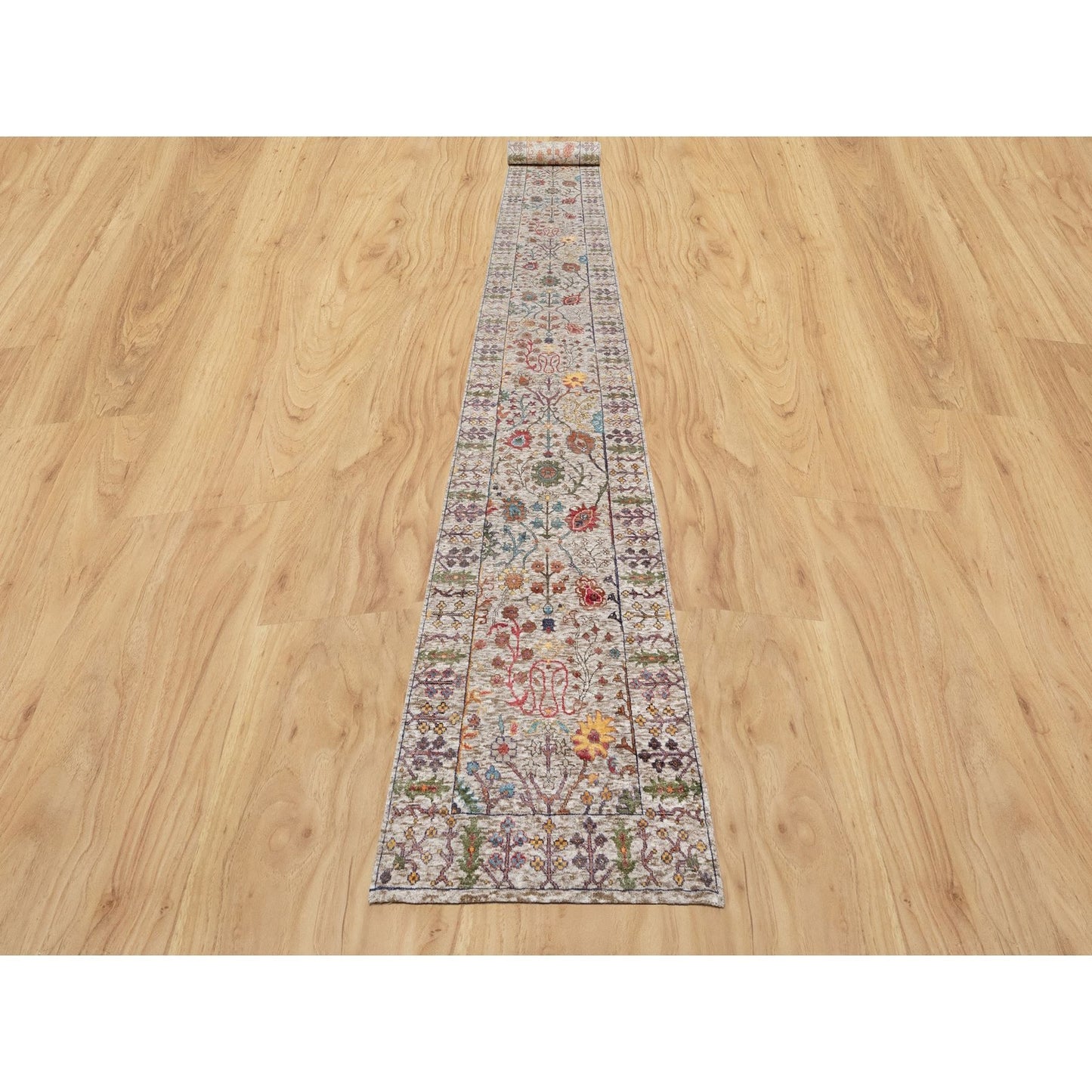 2'6"X23'10" Beige Wool And Silk Hand Knotted Vase Design Xl Runner Rug