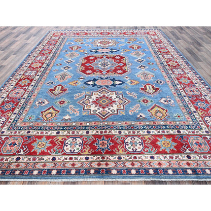 8'10"X11'8" Blue Kazak With Geometric Design Hand Knotted Soft Wool Rug