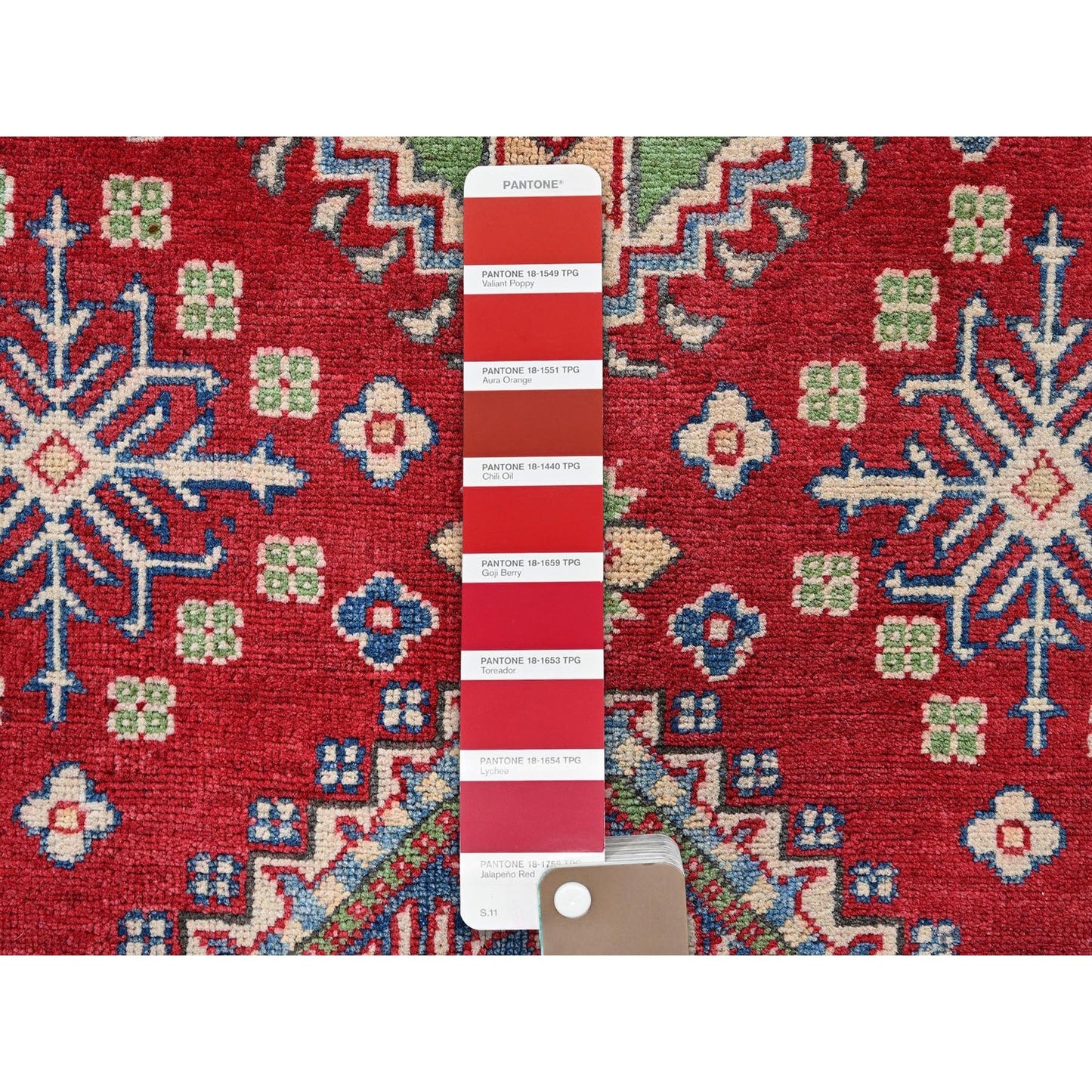 4'X6' Crimson Red Kazak With Tribal Motifs Hand Knotted Pure Wool Rug
