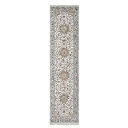 2'5"X10' Spring White Nain Hand Knotted 250 Kpsi Wool And Silk Runner Rug
