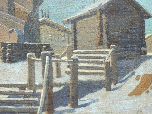 Soviet Russian Winter Village Tempera Painting Signed Moscow Artist V Komarov