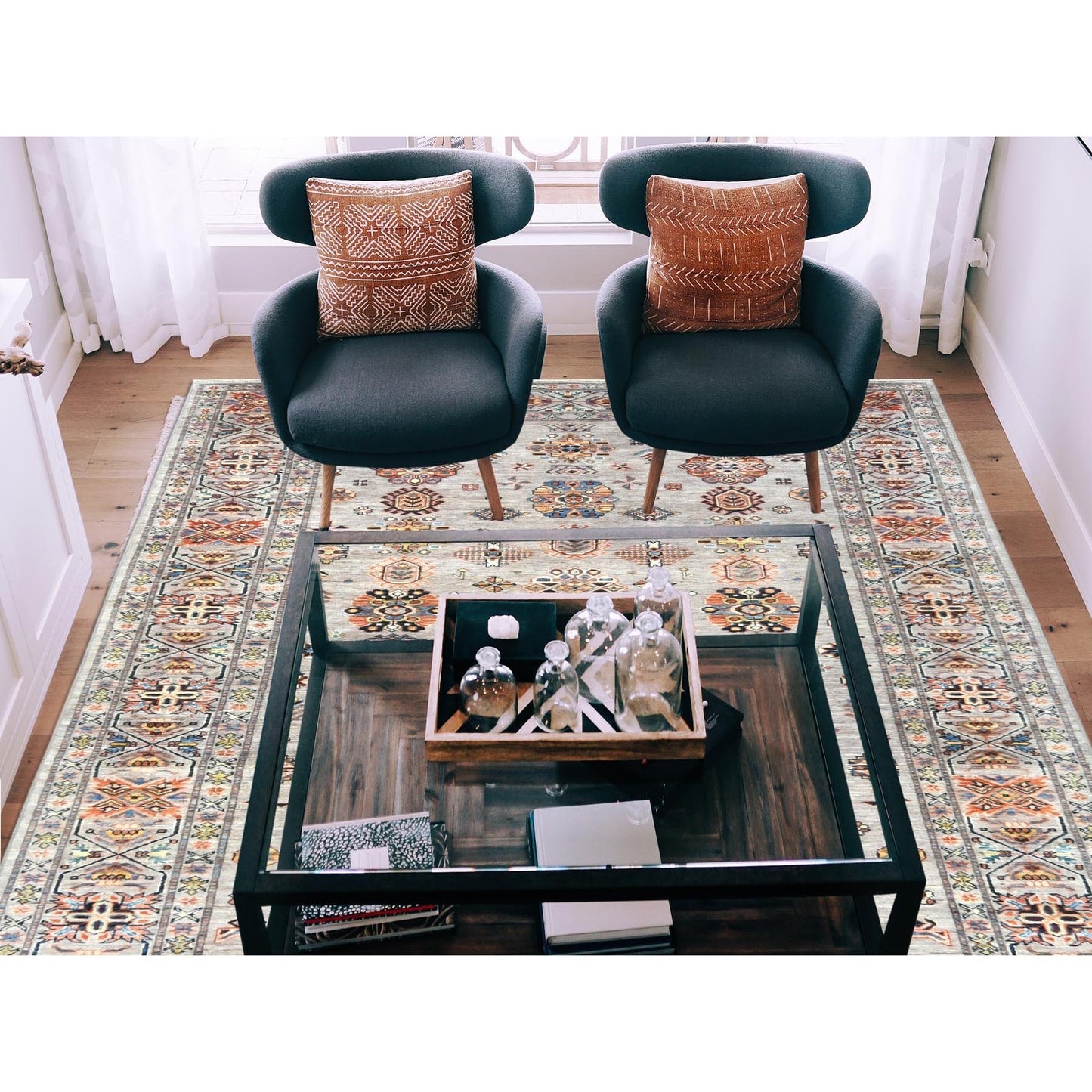 6'1"X9'1" Light Gray Hand Knotted Afghan Super Kazak Organic Wool Rug