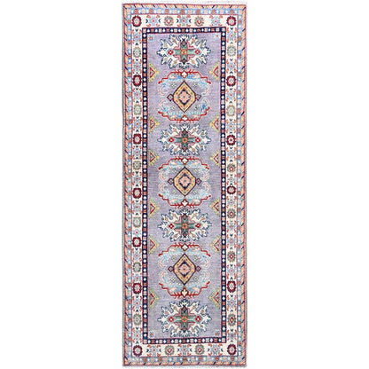 2'9"X7'10" Gray Kazak Tribal Medallions Hand Knotted Oriental Runner Rug