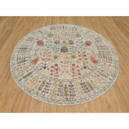 10'X10' Beige Silk And Wool Hand Knotted Directional Vase Round Rug