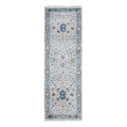 2'5"X7'9" Ivory Hand Knotted Oushak With Floral Motifs Wool Runner Rug