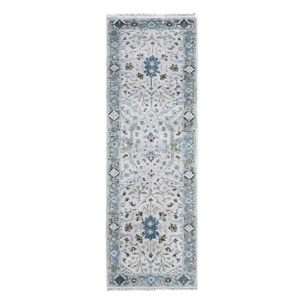 2'5"X7'9" Ivory Hand Knotted Oushak With Floral Motifs Wool Runner Rug