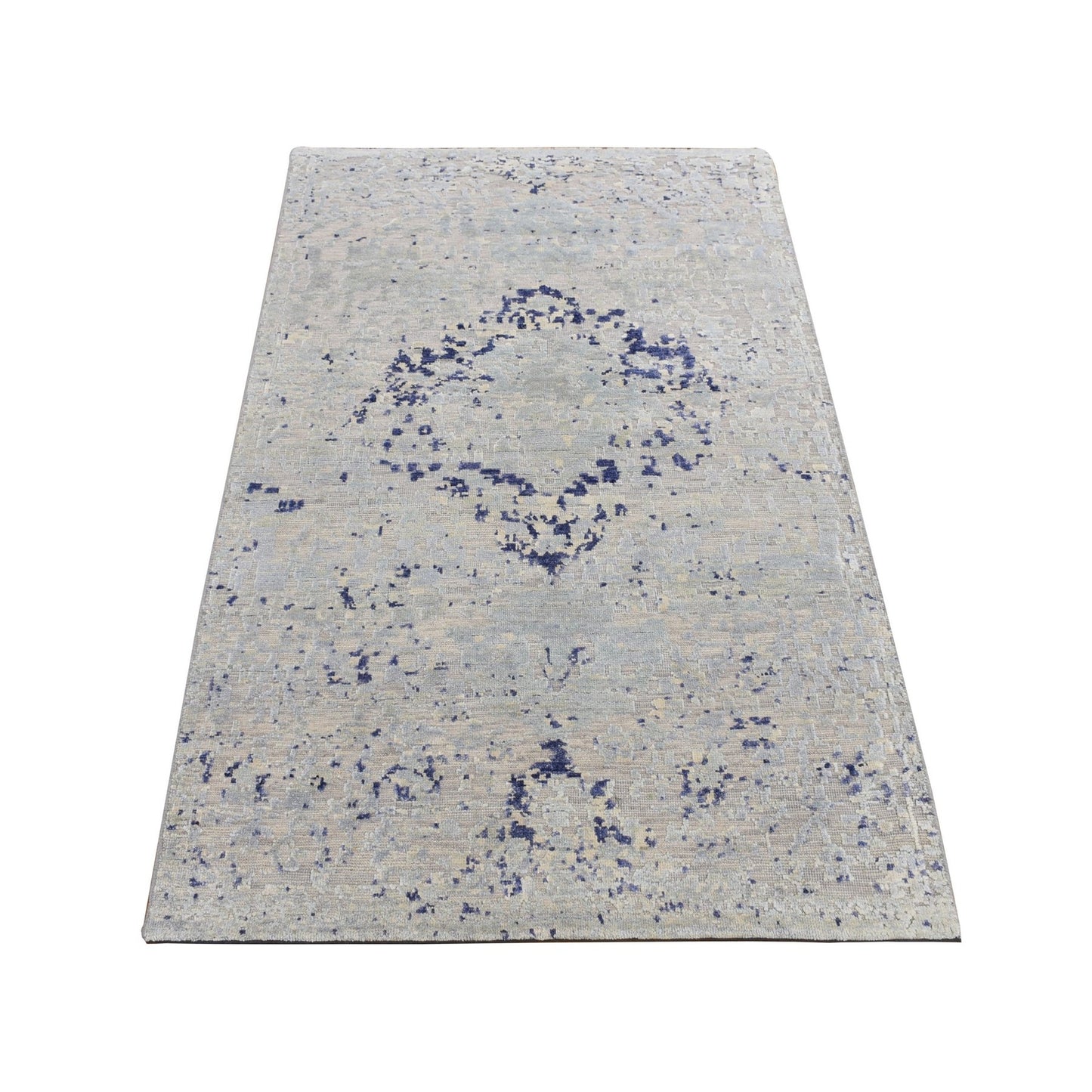 3'X4'10" Blue Cypress Trees Design Silk With Wool Hand Knotted Rug