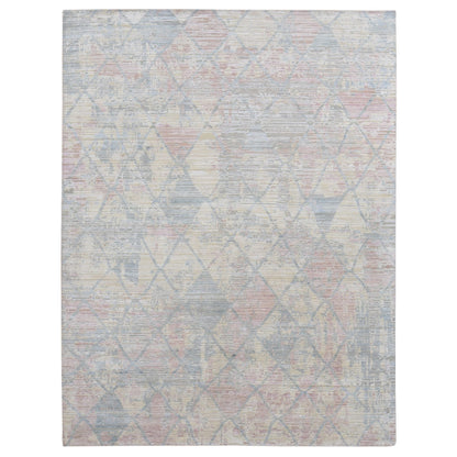 9'X11'10" Light Yellow Trellis Design Wool And Silk Hand Knotted Rug