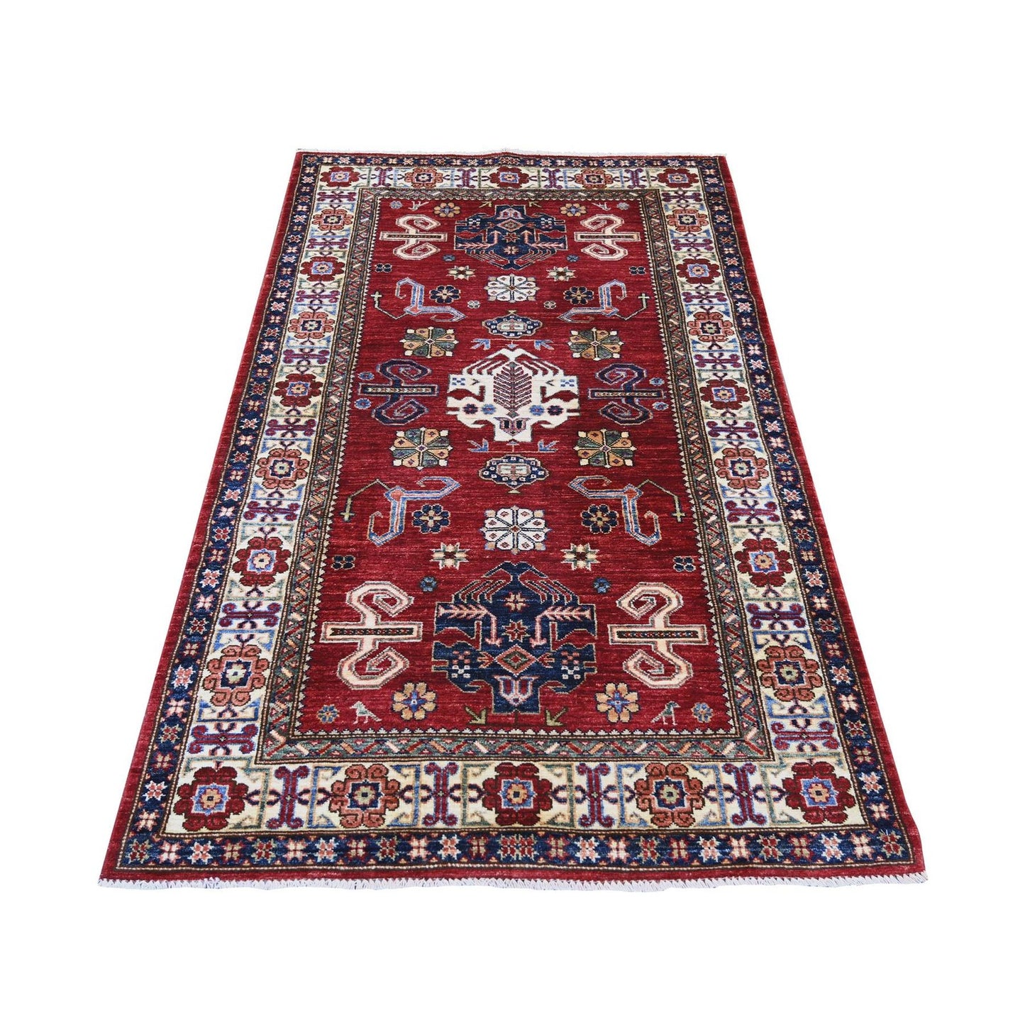 3'10"x6'2" Red Afghan Super Kazak Hand Knotted Pure Wool Rug