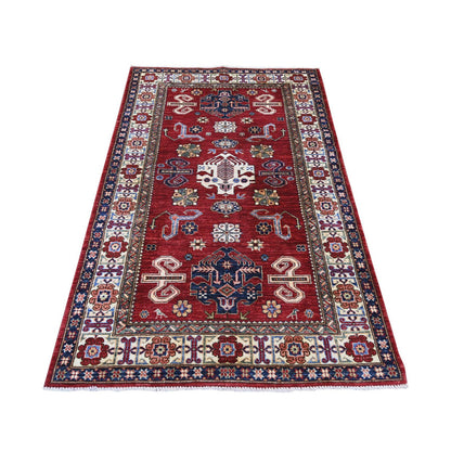 3'10"x6'2" Red Afghan Super Kazak Hand Knotted Pure Wool Rug