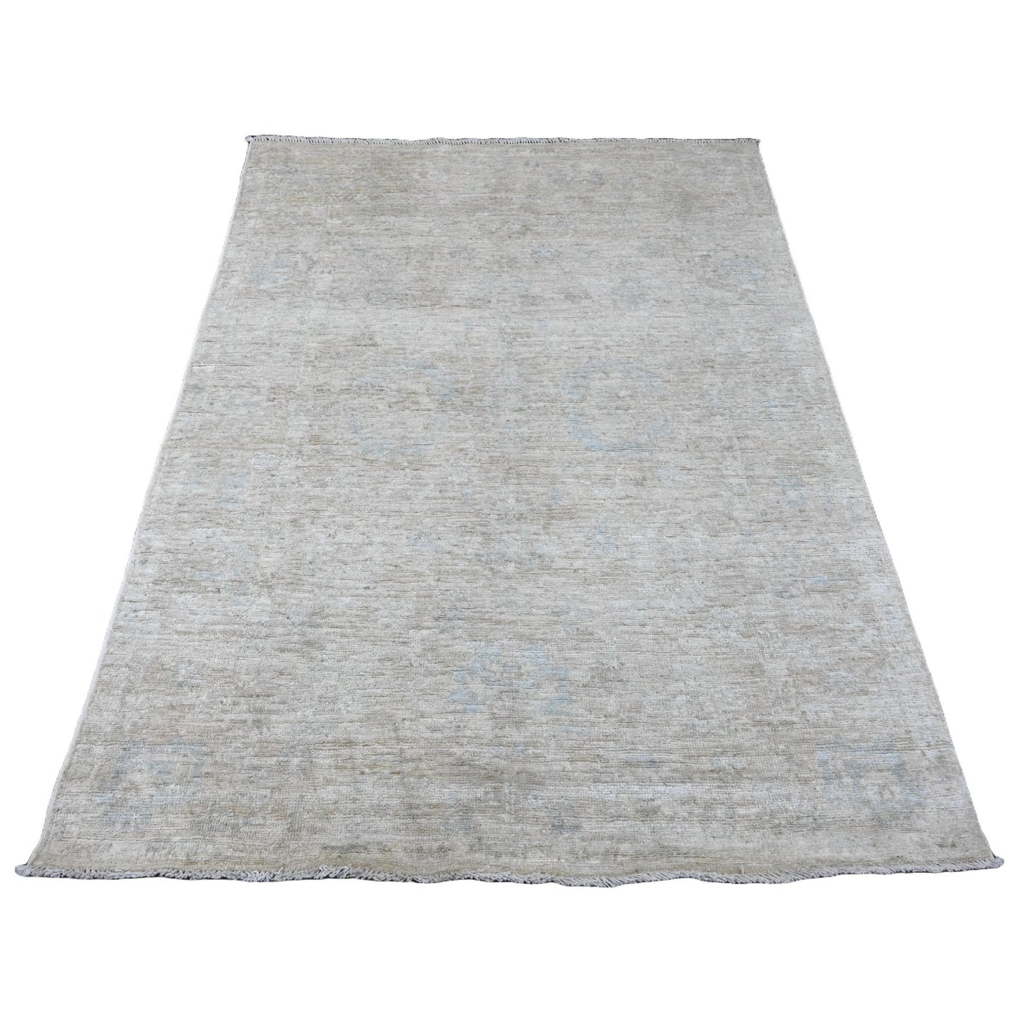 4'8"X6'3" White Hand Knotted Afghan Angora Oushak Leaf Design Wool Rug