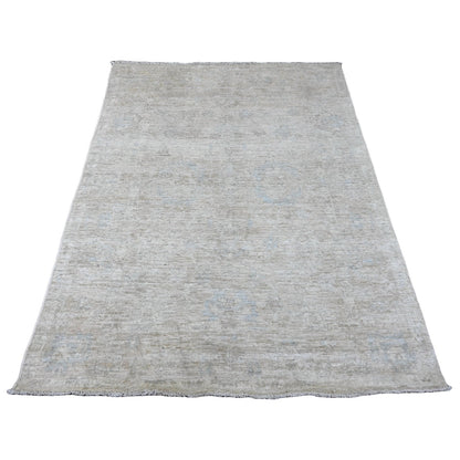 4'8"X6'3" White Hand Knotted Afghan Angora Oushak Leaf Design Wool Rug