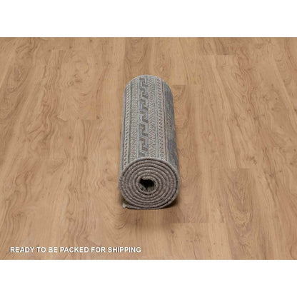 2'7"X9'10" Light Gray Southwest Design Hand Knotted Pure Wool Runner Rug