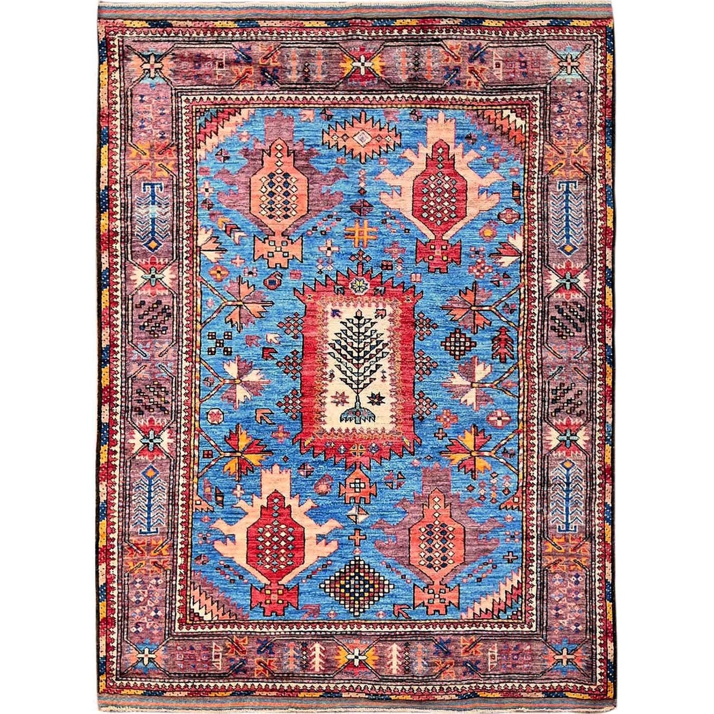4'3"X5'7" Blue Afghan Caucasian Design Revival Hand Knotted Soft Wool Rug