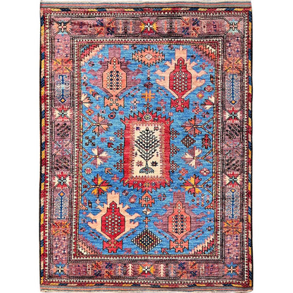 4'3"X5'7" Blue Afghan Caucasian Design Revival Hand Knotted Soft Wool Rug