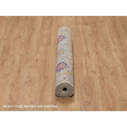 4'X6' Ivory Silk With Textured Wool Rug Sickle Leaf Design Hand Knotted