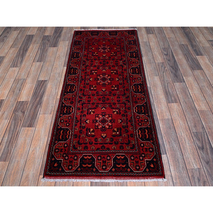 2'3"X5'4" Red Afghan Khamyab Geometric Pattern Hand Knotted Wool Runner Rug