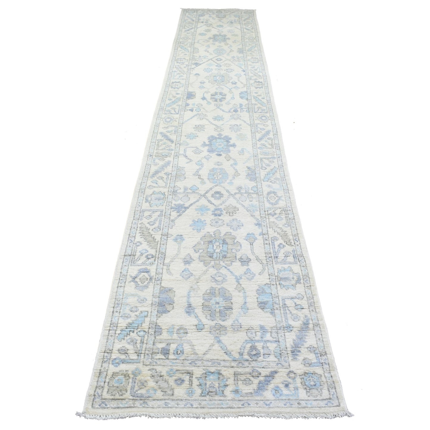 2'8"X15'4" Ivory Hand Knotted Soft Wool Afghan Angora Oushak Runner Rug