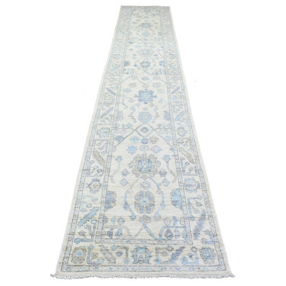 2'8"X15'4" Ivory Hand Knotted Soft Wool Afghan Angora Oushak Runner Rug