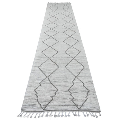 3'2"X15'4" White Moroccan Weave Line Design Hand Knotted Wool Runner Rug