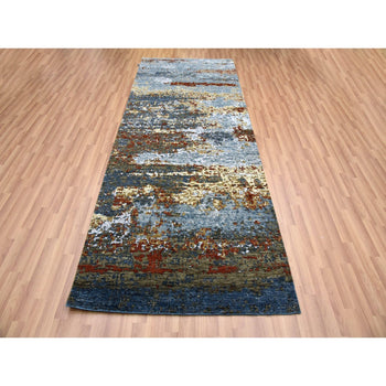 4'X10' Black Coral Abstract Design Wool Hand Knotted Wide Runner Rug