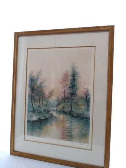 Antonio Rivera Signed Lithograph Forest By The Water 64/200 Spanish Landscape
