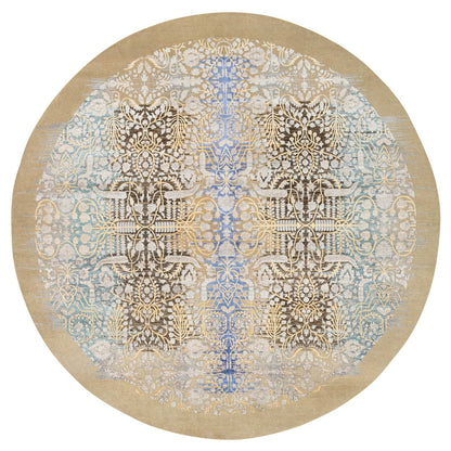11'10"X11'10" Gold Brown Hand Knotted Saroogh Silk With Wool Round Rug
