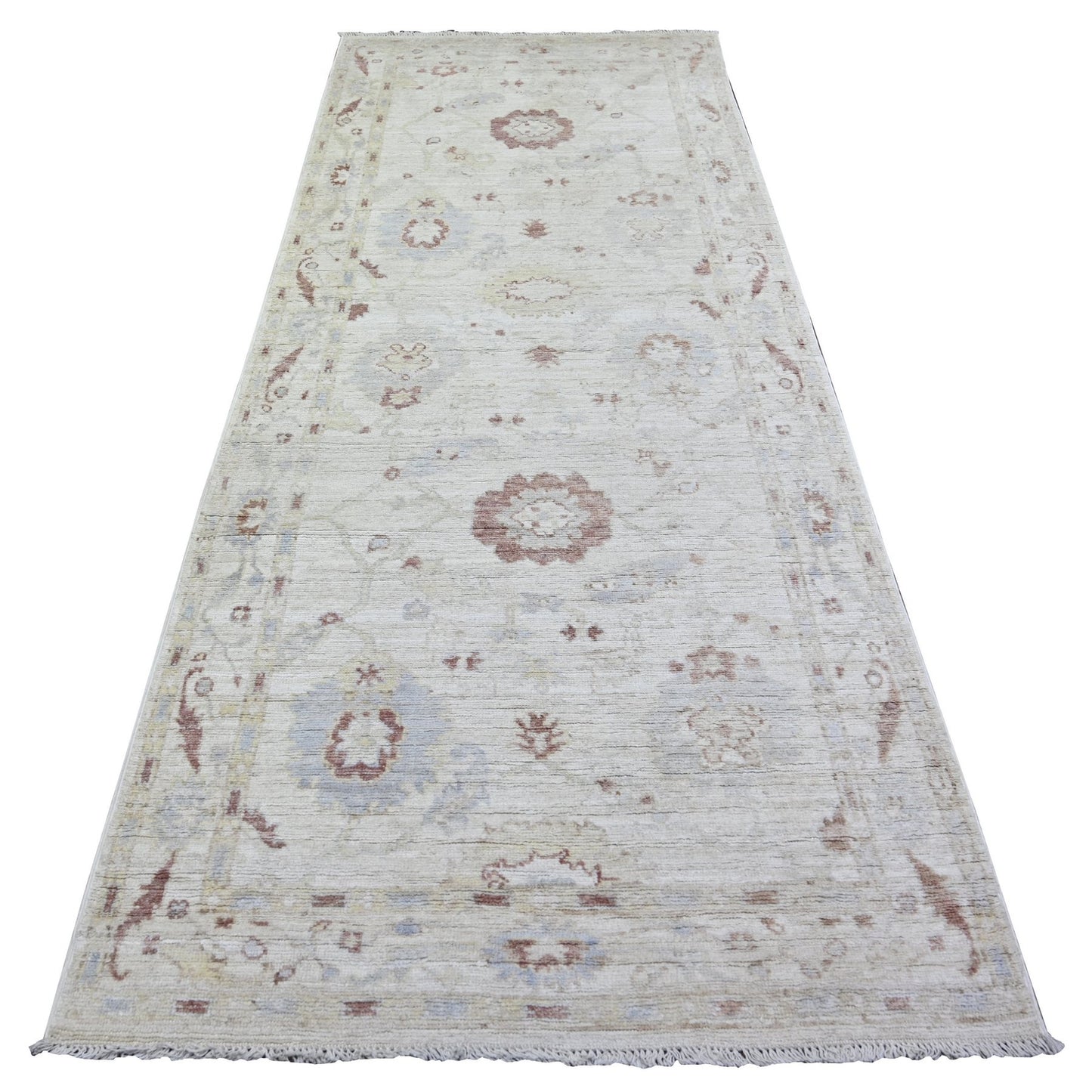 3'10"X9'8" Gray Wool Hand Knotted Afghan Angora Oushak Wide Runner Rug