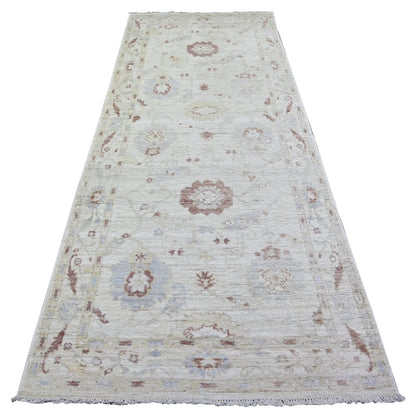 3'10"X9'8" Gray Wool Hand Knotted Afghan Angora Oushak Wide Runner Rug
