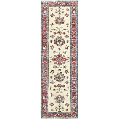 2'7"X8'6" Ivory Soft Wool Hand Knotted Afghan Super Kazak Runner Rug