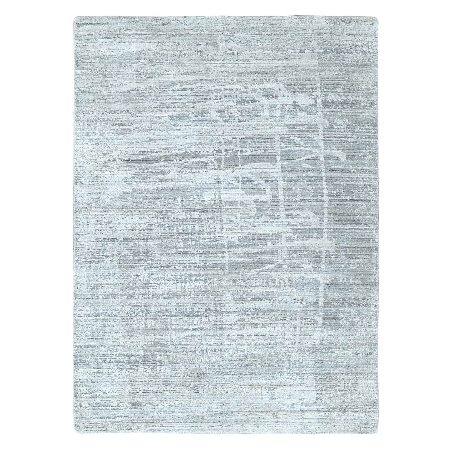 4'2"X6' Mist Gray Wool And Plant Based Silk Hand Loomed Modern Design Rug