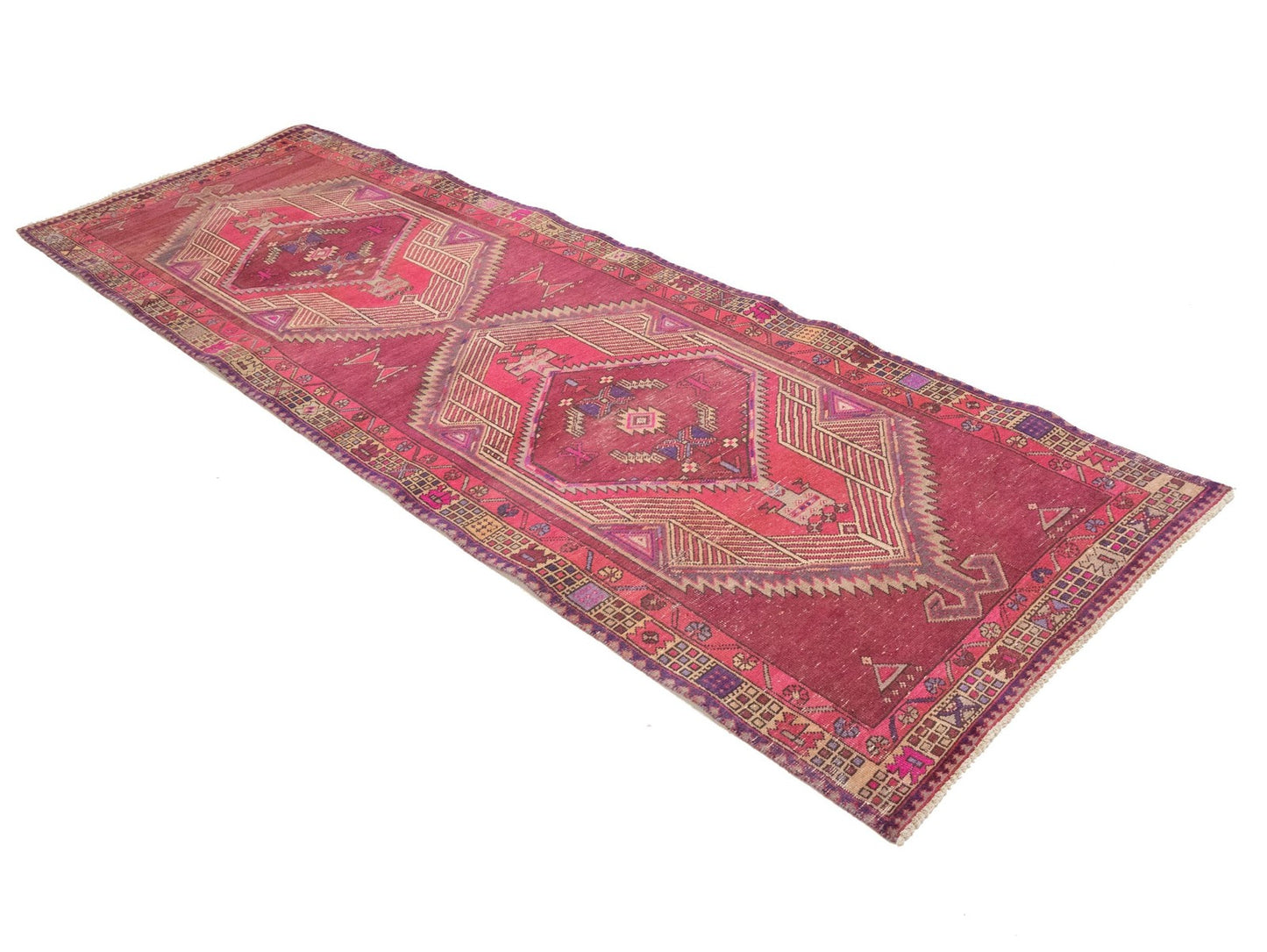 Oriental runner rug geometric tribal style carpet handmade vintage wool 4x11