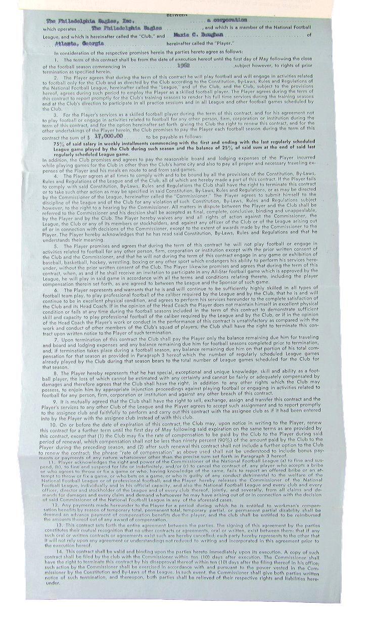 Maxie Baughan Philadelphia Eagles Signed/Autographed 1962 Contract Jsa 160870