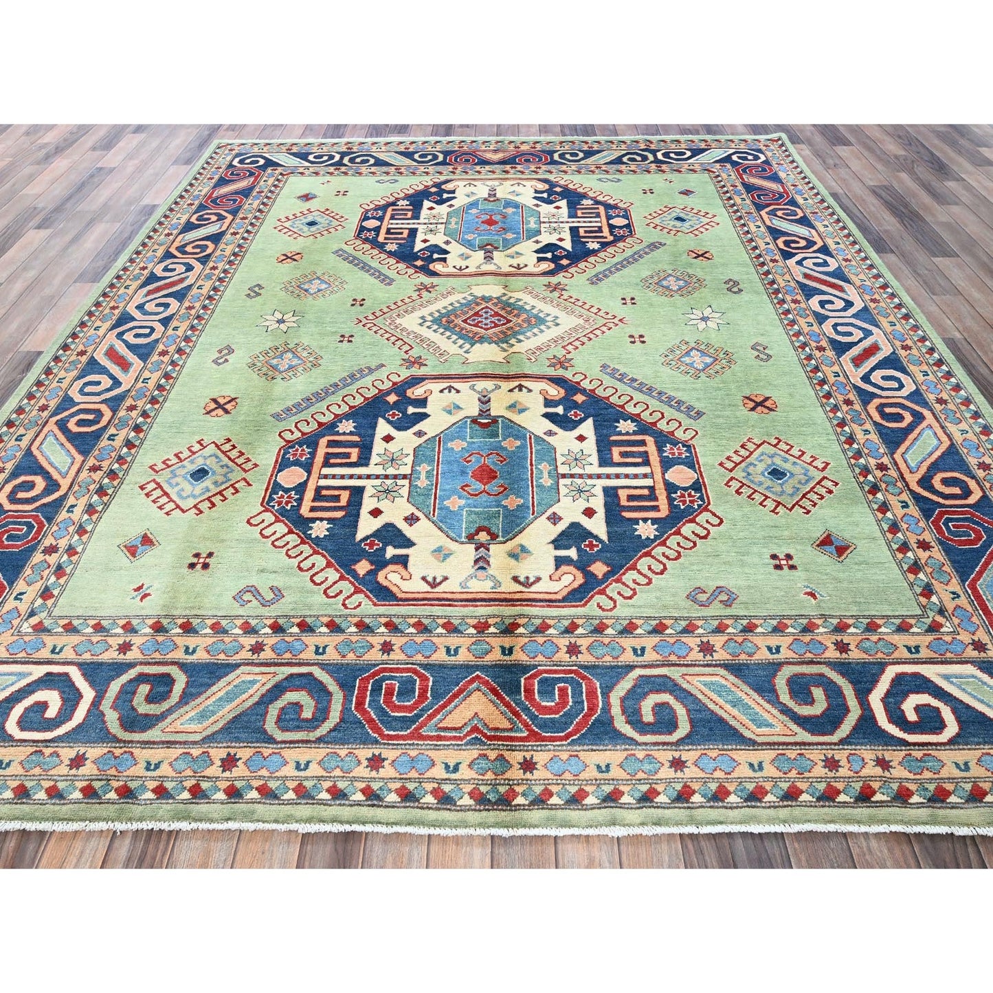 8'4"X9'7" Green Afghan Special Kazak Geometric Design Wool Hand Knotted Rug