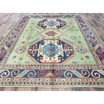 8'4"X9'7" Green Afghan Special Kazak Geometric Design Wool Hand Knotted Rug